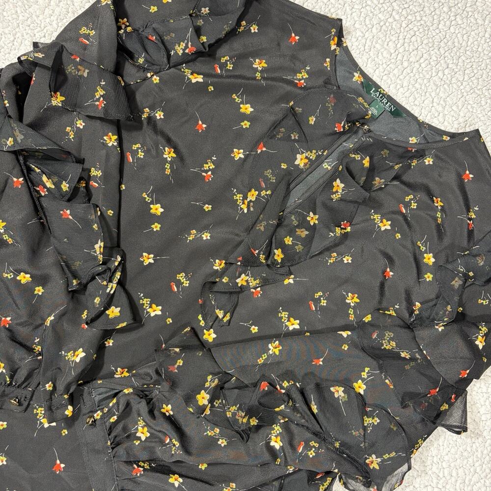 Lauren Ralph Lauren Black Floral Ruffle Blouse Women’s L Sheer Long Sleeve‎